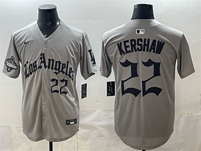 Men's Grey Los Angeles Dodgers #22 Clayton Kershaw LA Gothic Style With 2025 World Series Champions Patch Limited Stitched Baseball Jersey